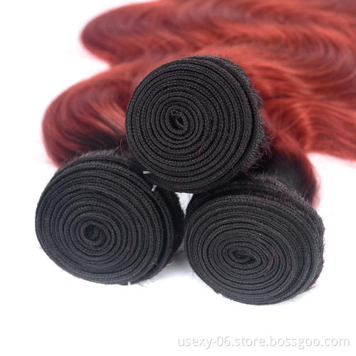 Free Sample Hair Bundles Cuticle Aligned  Raw Burmese Hair Indian Body Wave Two Tone Ombre 1B/Red Virgin Human Hair